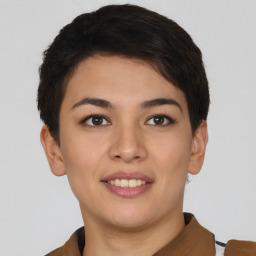 Joyful asian young-adult female with short  brown hair and brown eyes