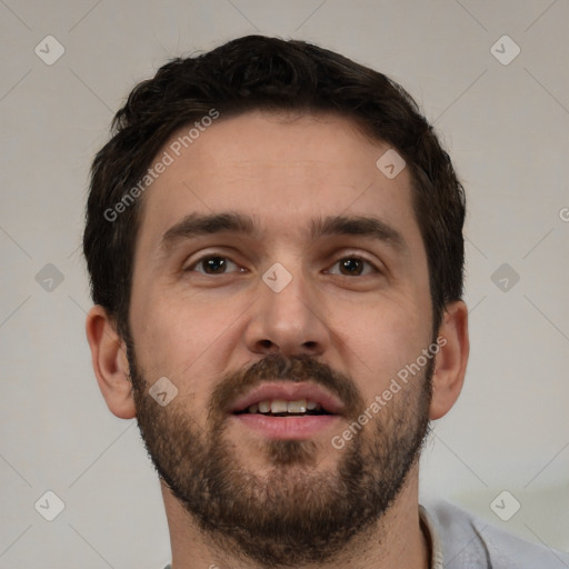 Neutral white young-adult male with short  brown hair and brown eyes