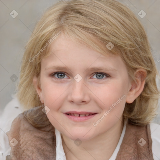 Joyful white child female with medium  brown hair and blue eyes