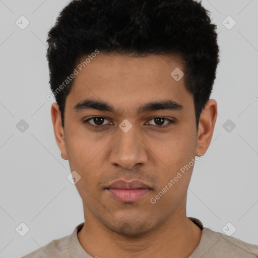 Neutral latino young-adult male with short  black hair and brown eyes