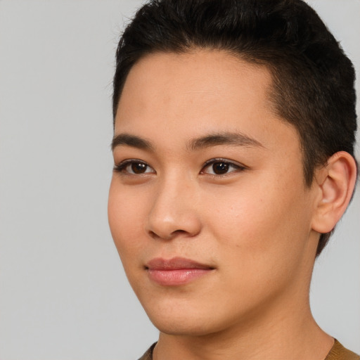 Neutral asian young-adult female with short  brown hair and brown eyes