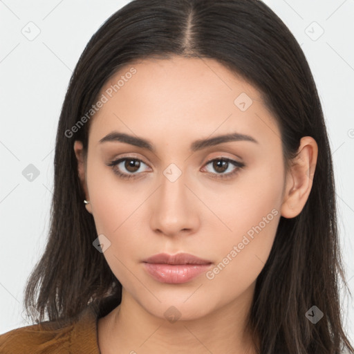 Neutral white young-adult female with long  brown hair and brown eyes