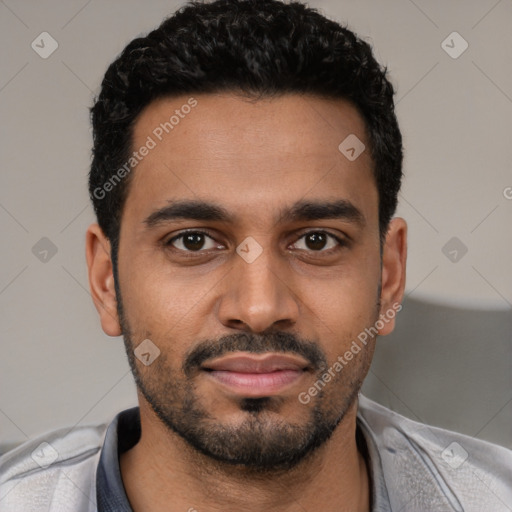 Neutral black young-adult male with short  black hair and brown eyes