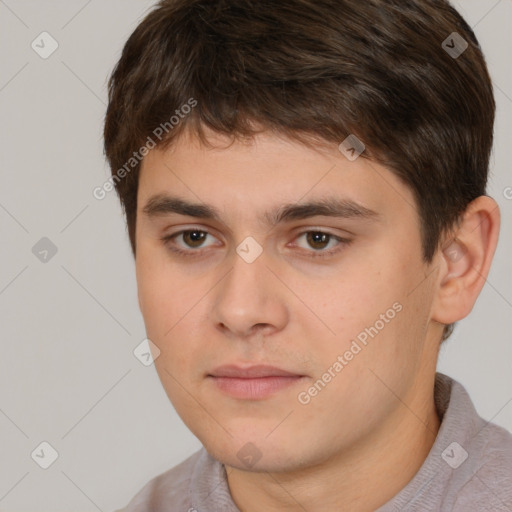 Neutral white young-adult male with short  brown hair and brown eyes