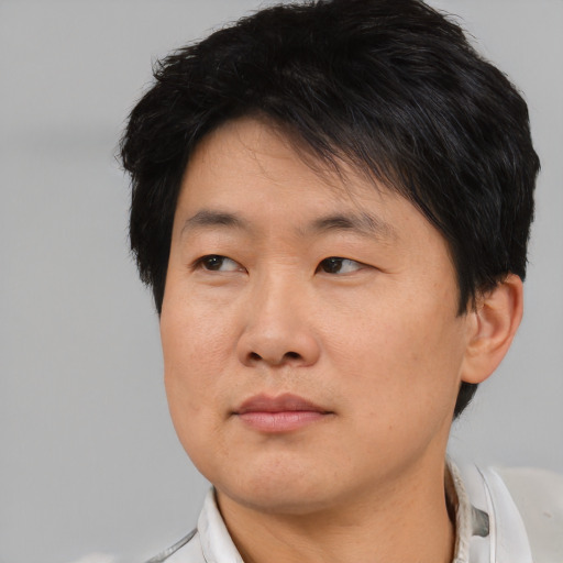 Neutral asian adult male with short  brown hair and brown eyes