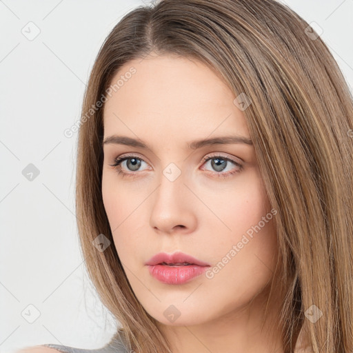 Neutral white young-adult female with long  brown hair and grey eyes