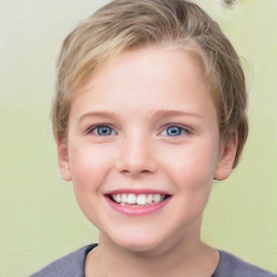 Joyful white child female with short  brown hair and blue eyes