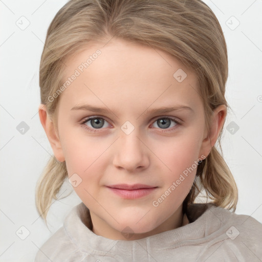 Joyful white child female with medium  brown hair and grey eyes