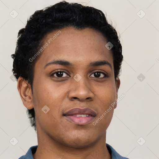 Joyful black young-adult female with short  black hair and brown eyes