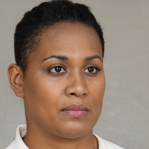 Neutral black young-adult female with short  brown hair and brown eyes