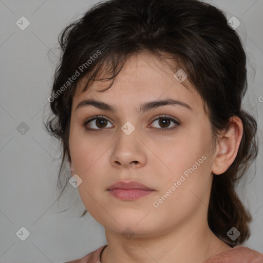 Neutral white young-adult female with medium  brown hair and brown eyes