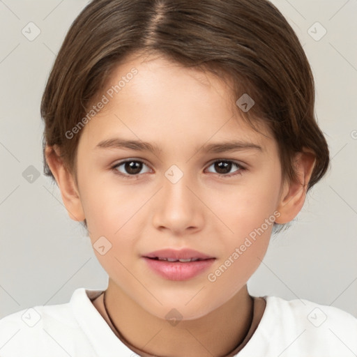 Joyful white child female with short  brown hair and brown eyes