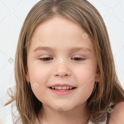 Joyful white child female with medium  brown hair and brown eyes