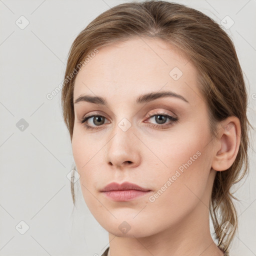 Neutral white young-adult female with medium  brown hair and grey eyes