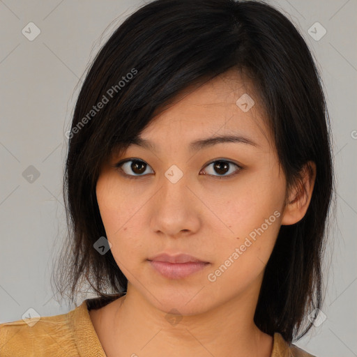 Neutral asian young-adult female with medium  brown hair and brown eyes