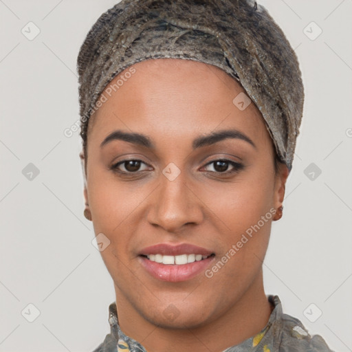 Joyful white young-adult female with short  black hair and brown eyes