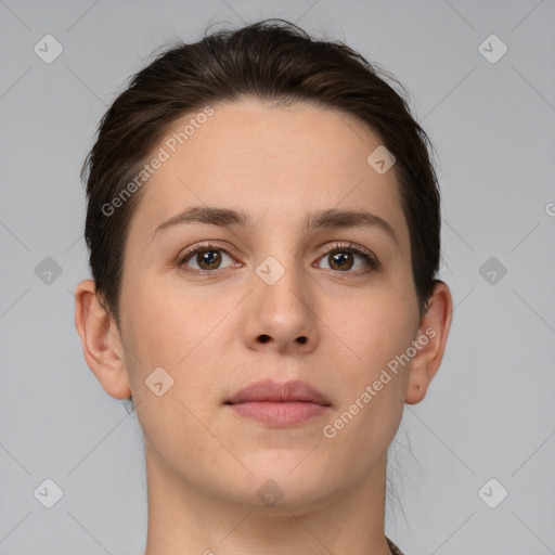 Neutral white young-adult female with short  brown hair and brown eyes