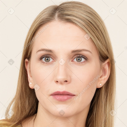 Neutral white young-adult female with long  brown hair and brown eyes