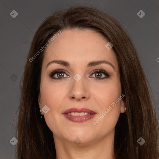 Joyful white young-adult female with long  brown hair and brown eyes