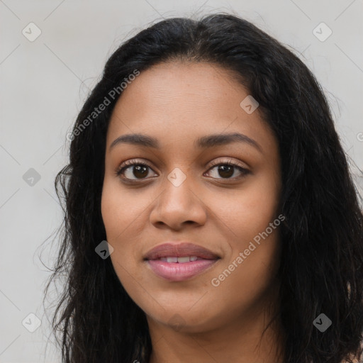 Joyful latino young-adult female with long  black hair and brown eyes