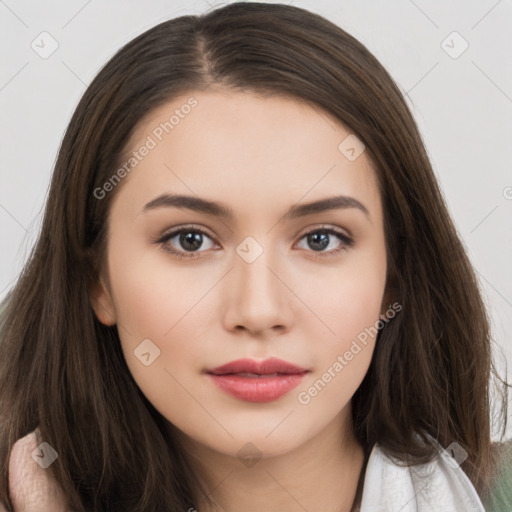 Neutral white young-adult female with long  brown hair and brown eyes