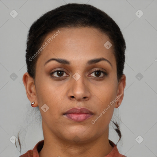 Neutral latino young-adult female with short  brown hair and brown eyes