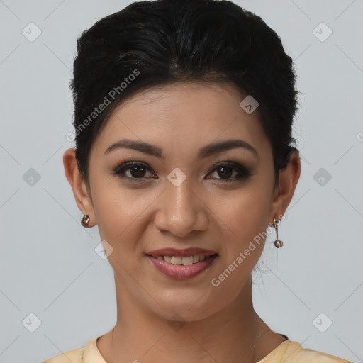 Joyful latino young-adult female with short  brown hair and brown eyes