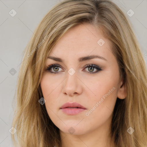 Neutral white young-adult female with long  brown hair and brown eyes