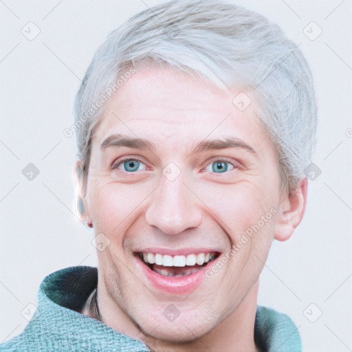 Joyful white adult male with short  brown hair and blue eyes