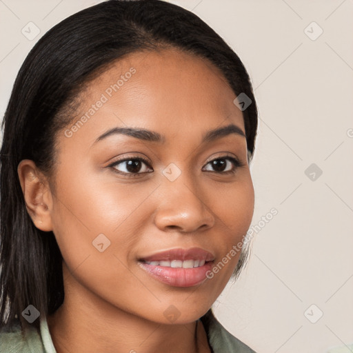 Joyful latino young-adult female with long  brown hair and brown eyes