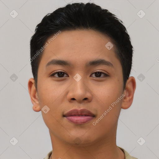 Neutral asian young-adult male with short  black hair and brown eyes