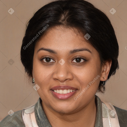 Joyful latino young-adult female with medium  brown hair and brown eyes