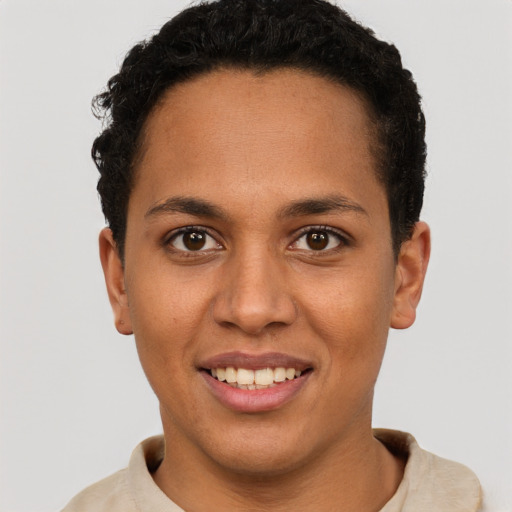 Joyful white young-adult female with short  brown hair and brown eyes