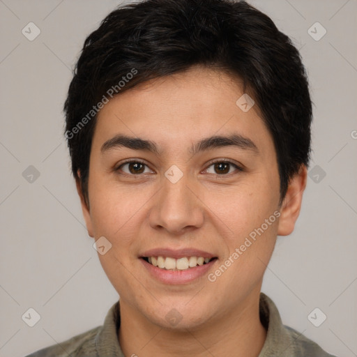 Joyful white young-adult female with short  brown hair and brown eyes