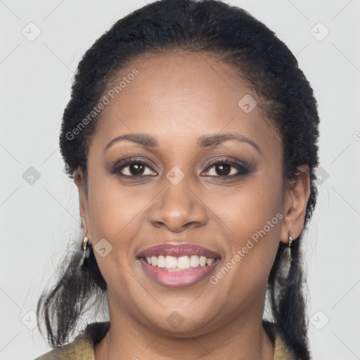 Joyful latino young-adult female with long  brown hair and brown eyes