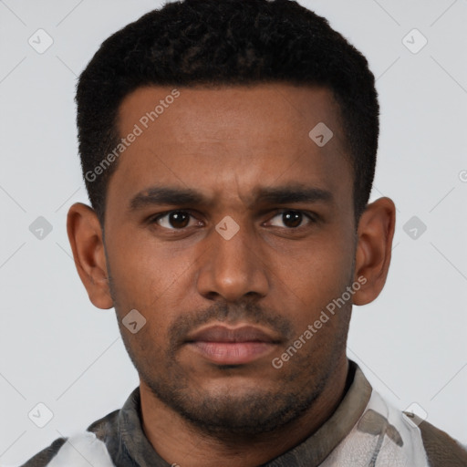 Neutral latino young-adult male with short  black hair and brown eyes