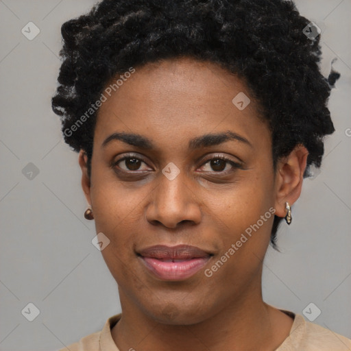 Joyful black young-adult female with short  black hair and brown eyes