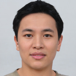 Neutral asian young-adult male with short  black hair and brown eyes