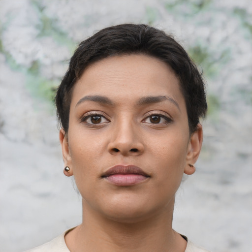 Neutral latino young-adult female with short  brown hair and brown eyes