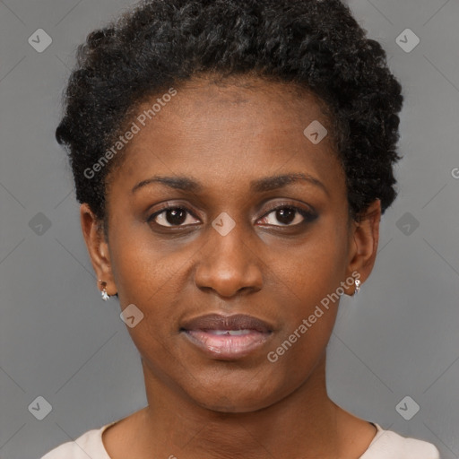 Neutral black young-adult female with short  black hair and brown eyes