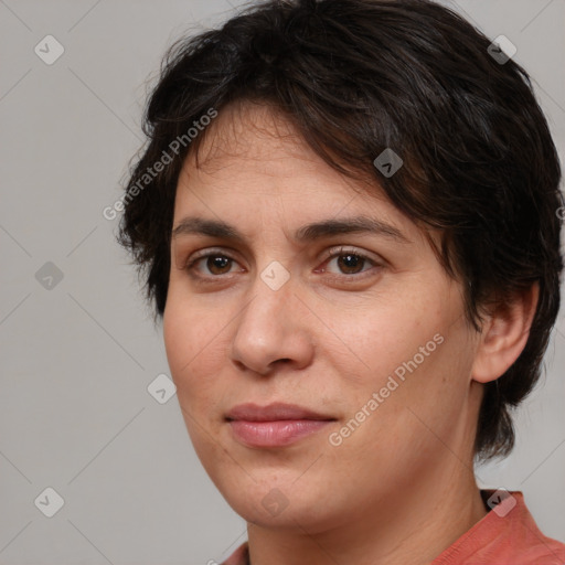 Joyful white adult female with medium  brown hair and brown eyes