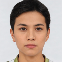 Neutral asian young-adult female with short  black hair and brown eyes