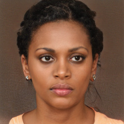 Neutral black young-adult female with short  brown hair and brown eyes