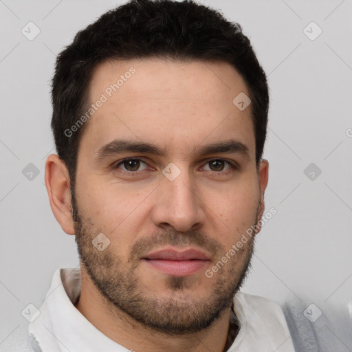 Joyful white young-adult male with short  brown hair and brown eyes