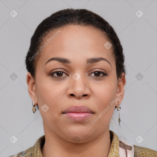 Joyful latino young-adult female with short  brown hair and brown eyes