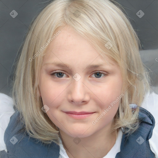 Joyful white child female with medium  brown hair and grey eyes