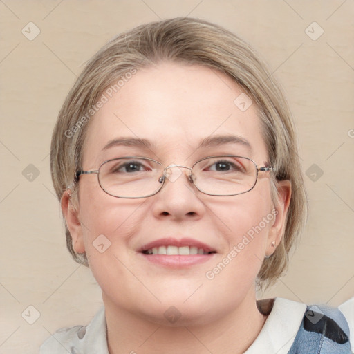 Joyful white adult female with medium  brown hair and blue eyes