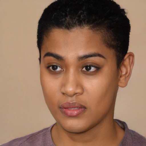 Neutral black young-adult female with short  black hair and brown eyes