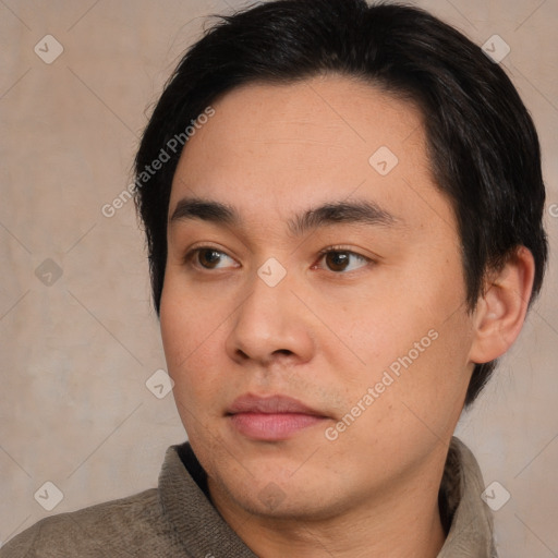 Neutral asian young-adult male with short  brown hair and brown eyes