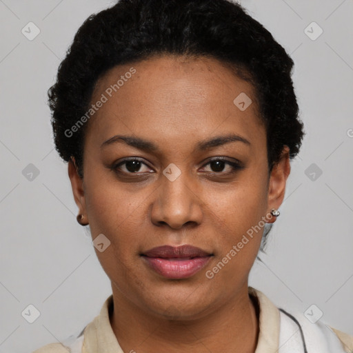 Joyful latino young-adult female with short  black hair and brown eyes